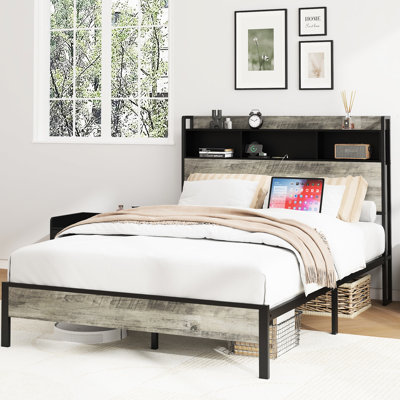 Classic Style Full Size Bed Frame In Antique Gray, Storage Feature, 2 Ports, Quiet Operation, Easy Assembly Tools, No Box Spring Needed Wooden Platform With Usbs And Large Storage, Gray Wood Tone,