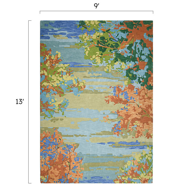 Landscape Floral Handmade Tufted Wool Teal/Yellow/Blue Area Rug, Rectangle 9' x 13'
