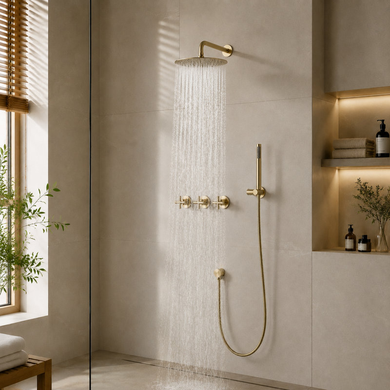 cox Round Rain Shower Combo Set Wall-Mounted Bathroom Shower System with 10-Inch Rain Showerhead, Brushed Gold