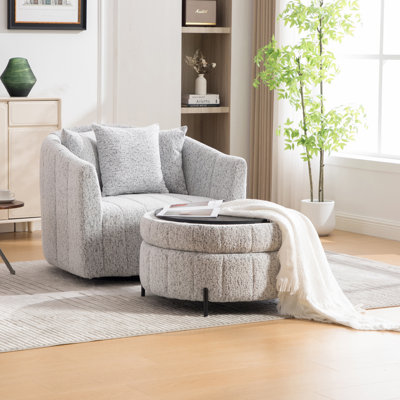 Fauteuil demi-tonneau pivotant surdimensionné de 39 po et pivotant à 360 ° et demi-canapé avec repose-pieds rond, coussins en chenille capitonnée avec fauteuils club et tabouret de rangement pour le salon, la chambre à coucher et le salon
