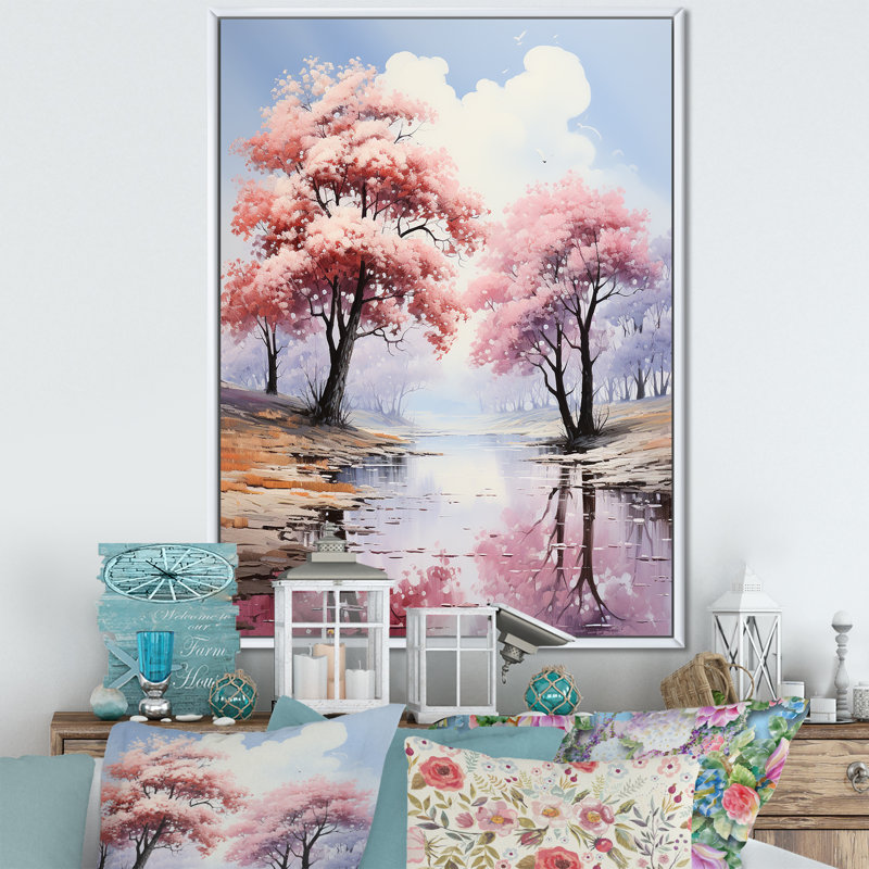 " Pink Maple Trees Landscape ", White Floater Frame, 32" H x 24" W x 1" D