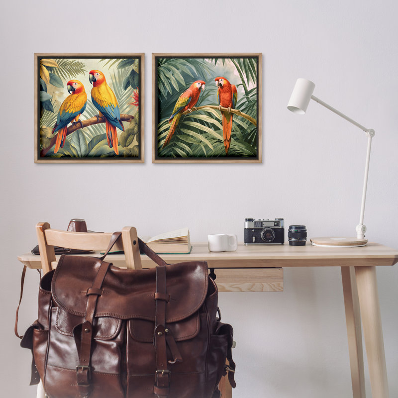  «Resting Parrots Parmi Jungle», ensemble de 2 toiles flottantes encadrées par Steve Hunziker, H 18 po x l 18 po