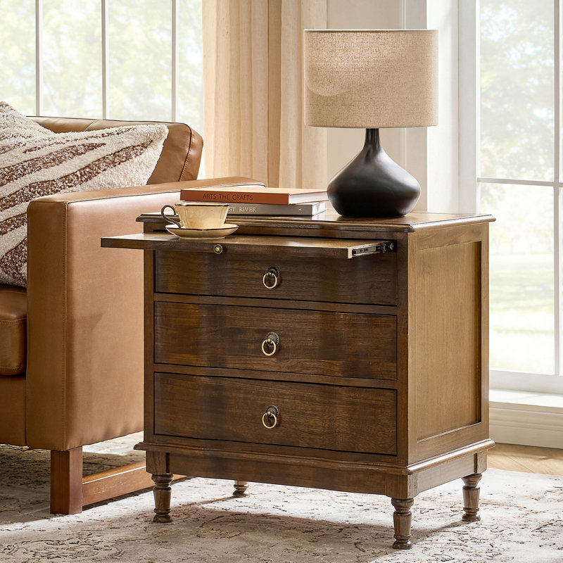 Elfine Traditional 3-Drawer Curved End Table with Pull-out Shelf and Simple Assembly and Charging Station, Walnut