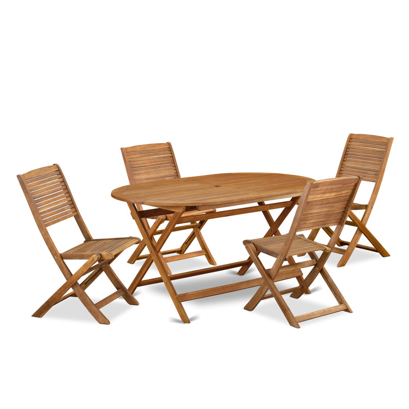 5 Piece Patio Garden Table Set Includes an Oval Outdoor Acacia Wood Dining Table and 4 Folding Side Chairs, 36x60 Inch, Natural Oil