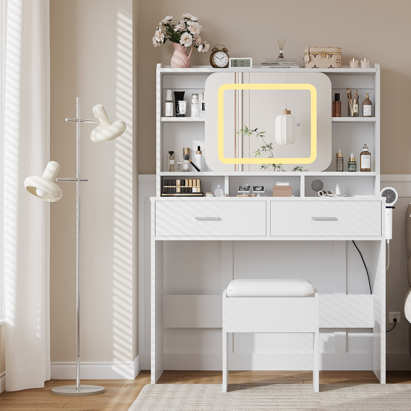 Bureau de coiffeuse avec miroir coulissant, coiffeuse de maquillage moderne avec station de charge, 2 tiroirs et tabouret moelleux, 3 coiffeuses réglables pour la chambre à coucher