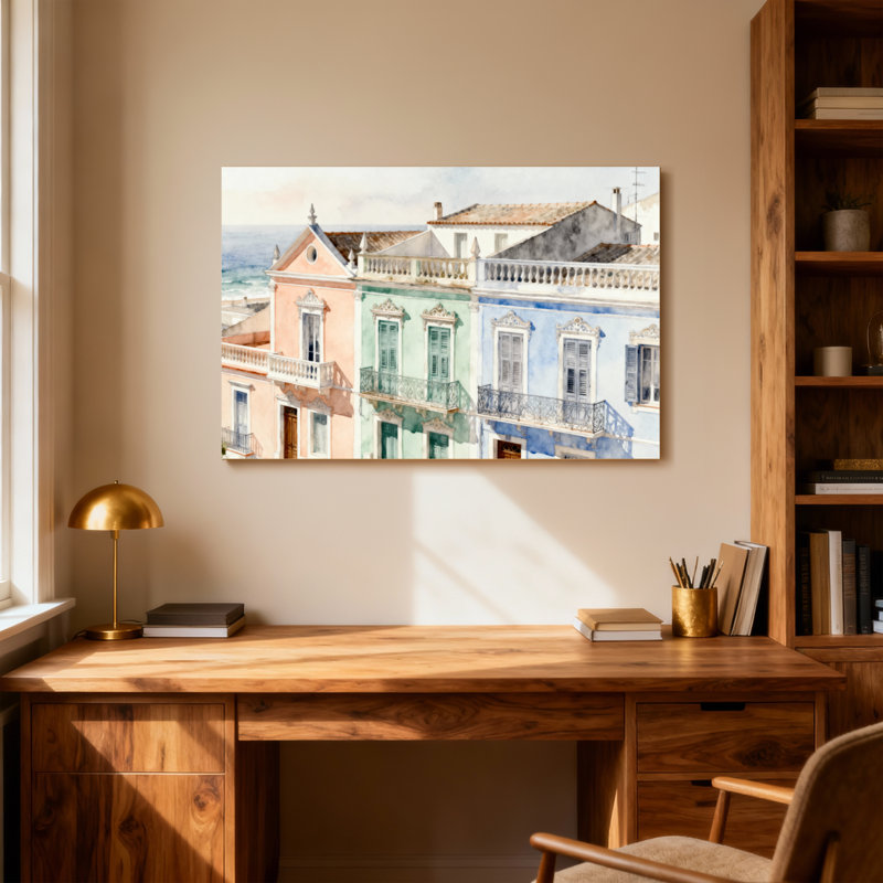 Paysages pittoresques et paysages urbains colorés avec des balcons et vue sur l'océan, H 12 po x l 18 po