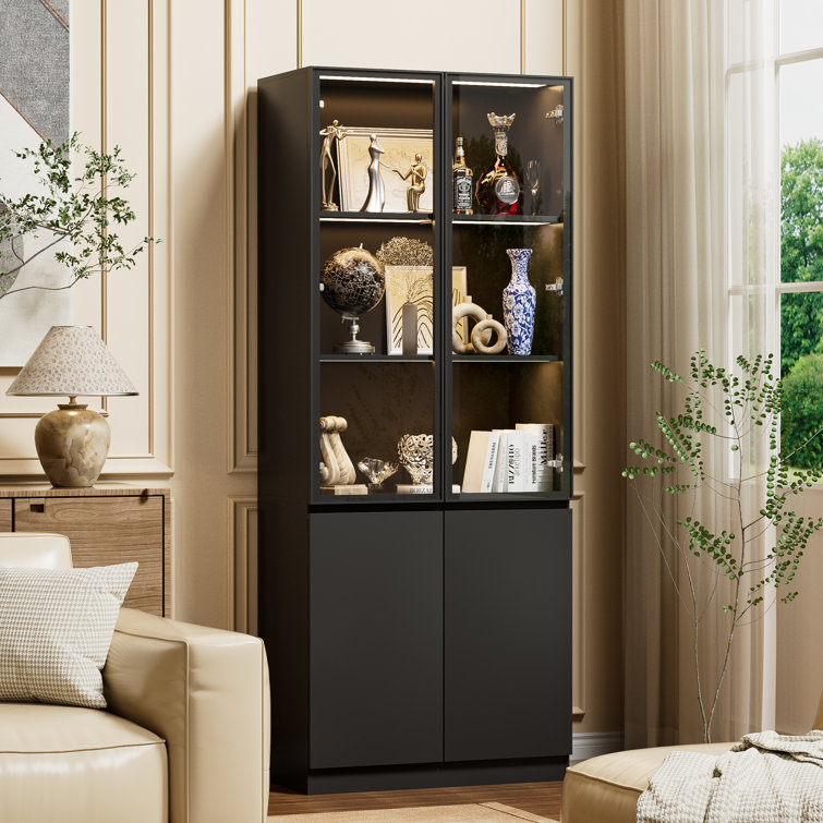 78.7" Tall Display Storage Cabinet with Glass Doors and LED Lights, Black