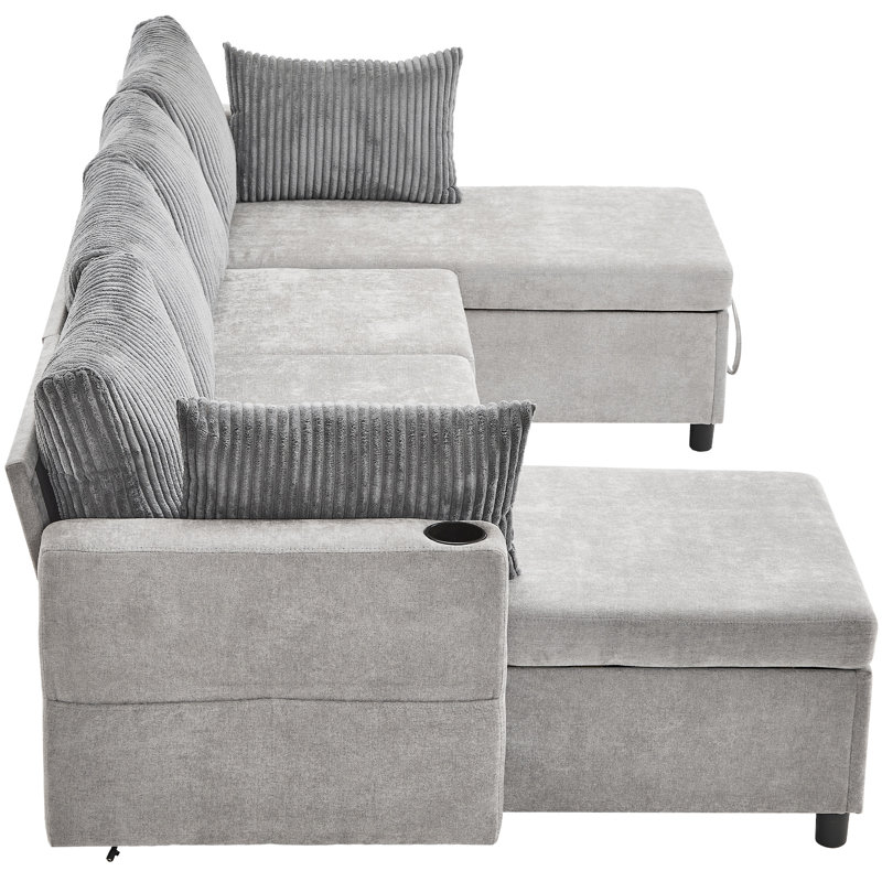 111.8" Sectional Sofa Pull-Out Sofa Bed Versatile Sofa Sleeper With Large Storage Space, Gray Chenille