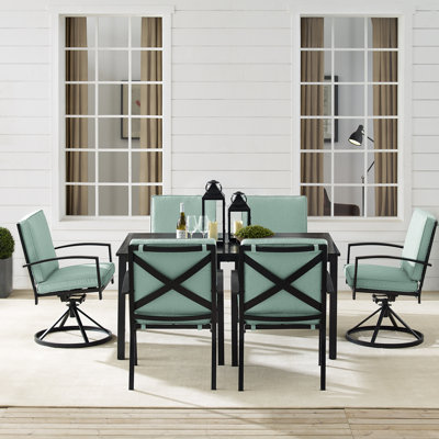 Halles 6 - Person Steel Patio Dining Set Umbrella Hole Included Rectangular Table with Cushions Included