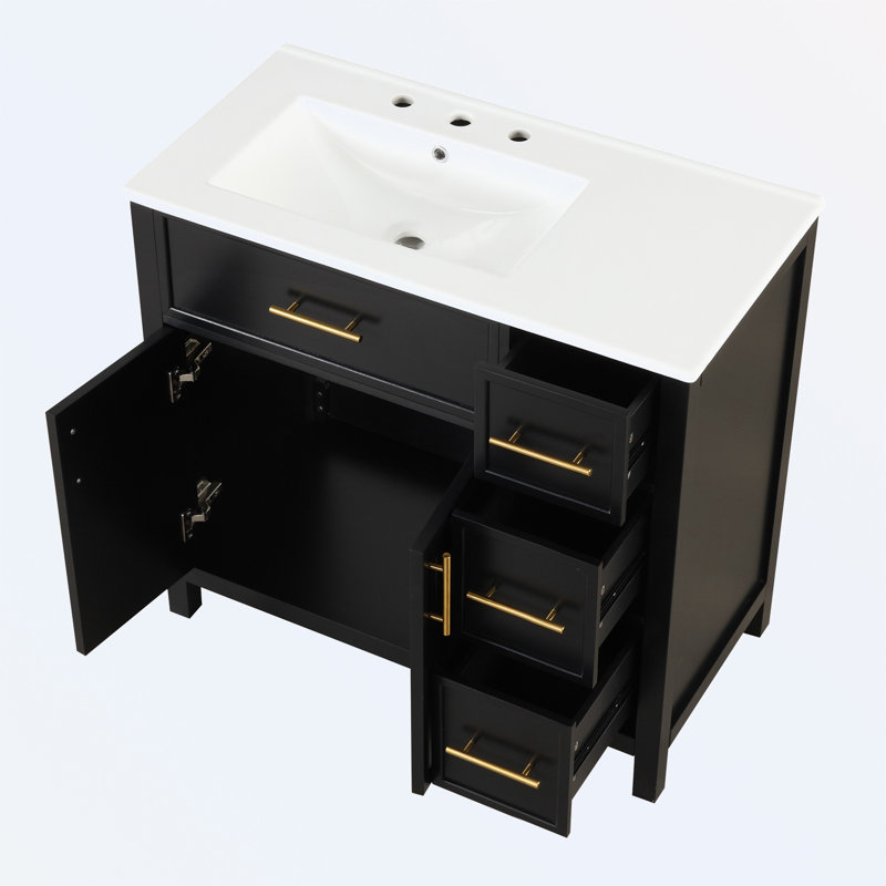 Bathroom Vanity with Sink Top, Two Doors and Three Drawers, Black