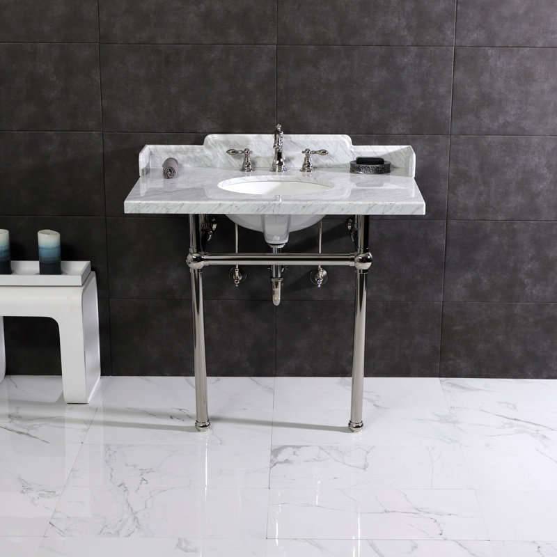 Lavabo console en marbre de Carrare de 36 po avec pieds en laiton Kingston LMS3630MBSQ8 Kingston White, marbre / nickel brossé
