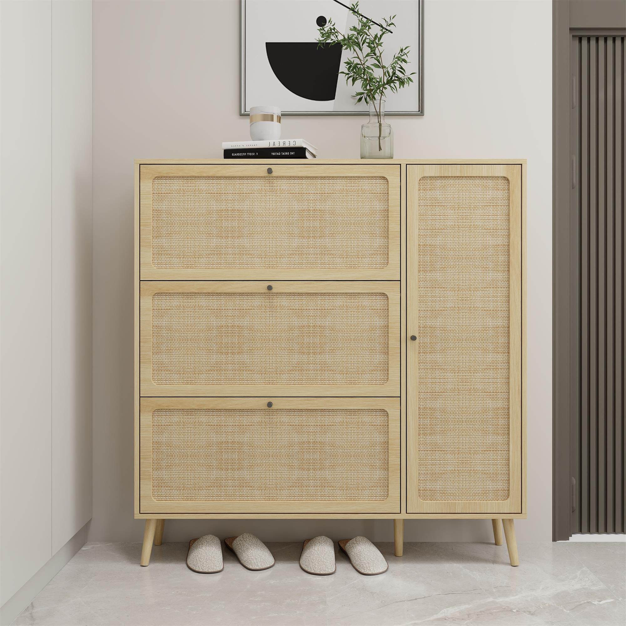 Rattan Shoe Cabinet with 4 Flip Drawers & 1 Mirror Storage Cabinet, Shoe Storage Cabinet Bayou Breeze