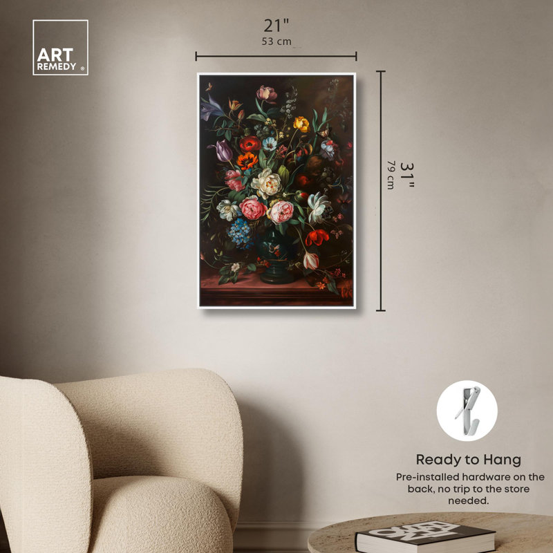 Art mural romantique sur toile, vase romantique, Cadre blanc, H 25 po x l 17 po