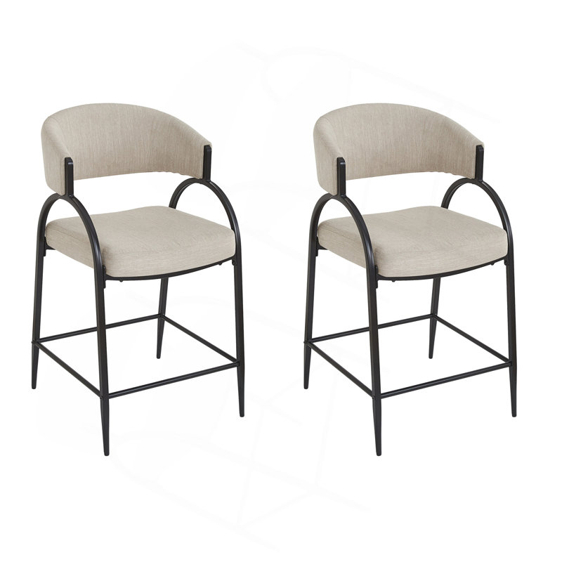 Tabourets de bar modernes de 25 po de hauteur avec dossier, structure en métal noir, tabourets de comptoir confortables pour îlot de cuisine / salle à manger, ensemble de 2 (beige)