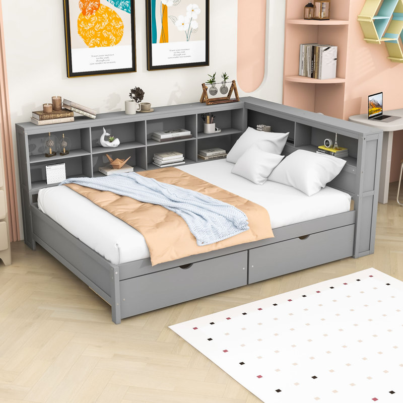 Lit de jour en bois 2 tiroirs avec tablettes et ports de chargement, Gris