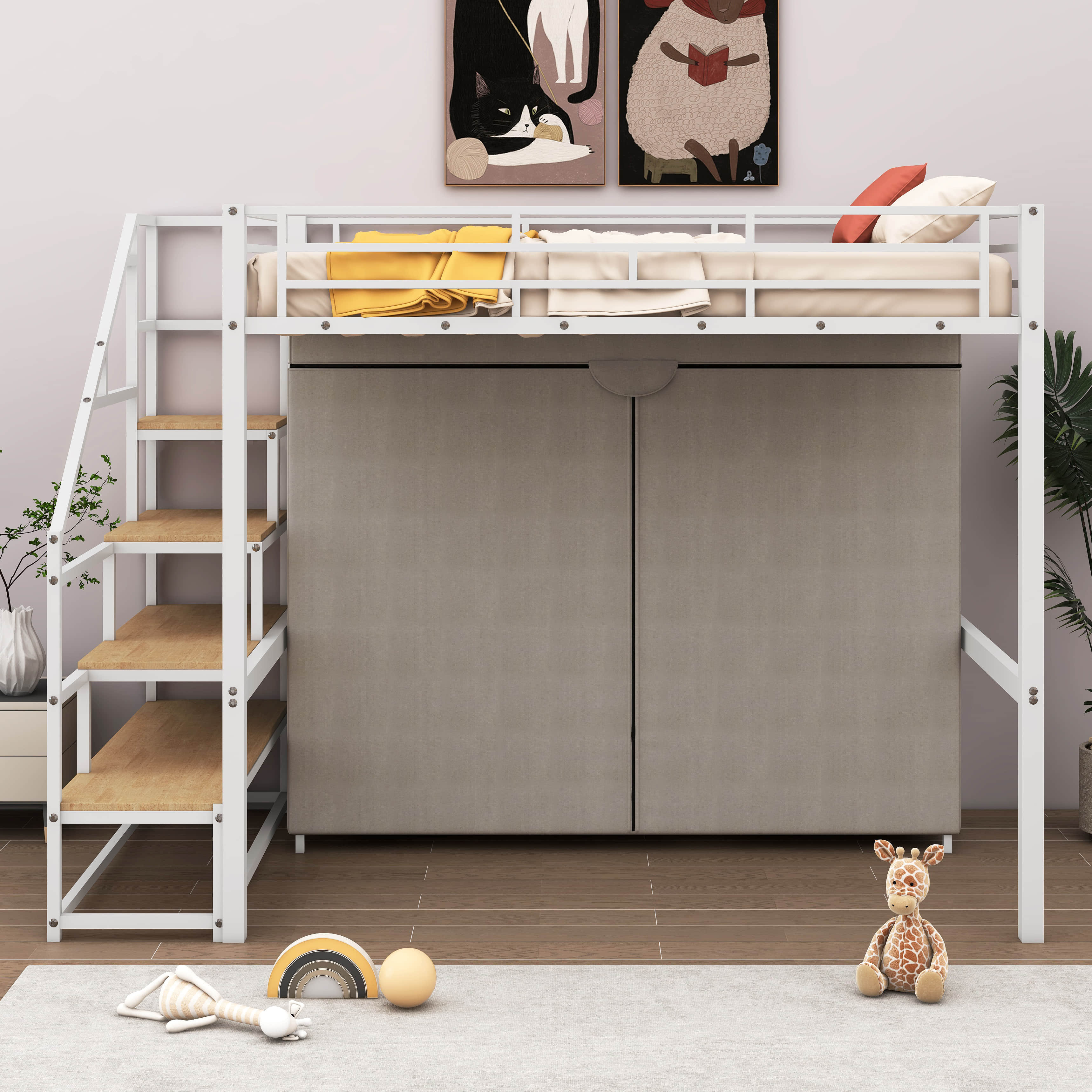 Latitude Run® Full Size Metal Loft Bed With Wardrobe And Storage ...