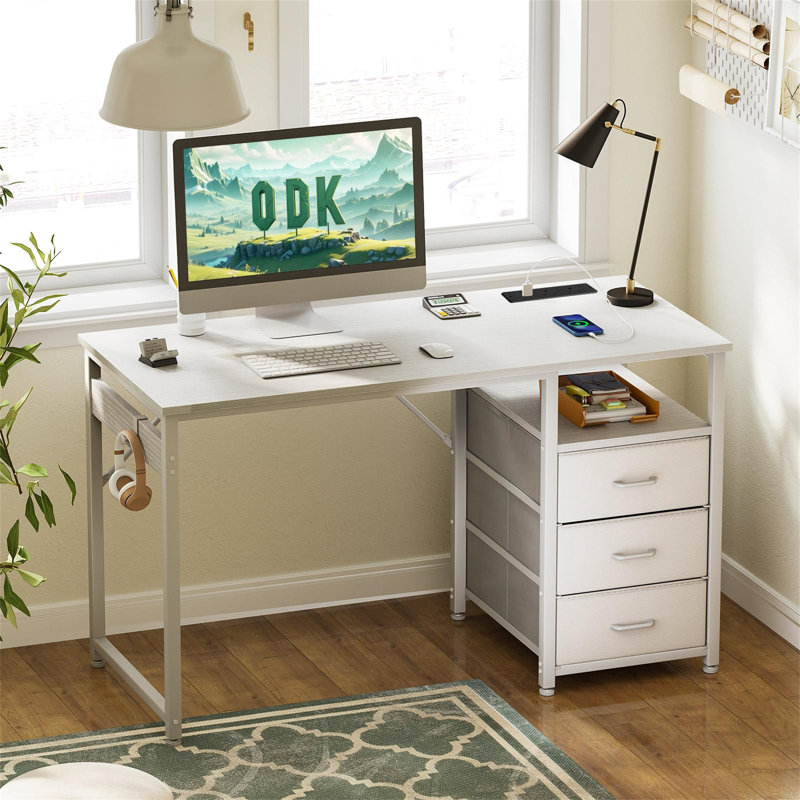 Metal Base Computer Desk with Power Outlet, White