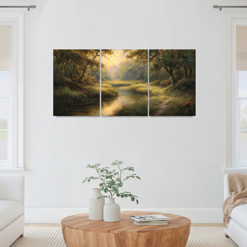 Ensemble de 3 tableaux sur toile représentant un paysage de ruisseau forestier, H 30 po x l 60 po