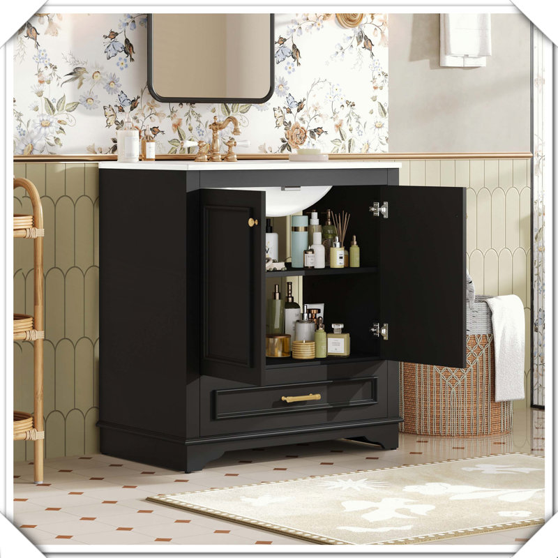 Meuble-lavabo luxueux en bois massif avec lavabo en céramique, Noir