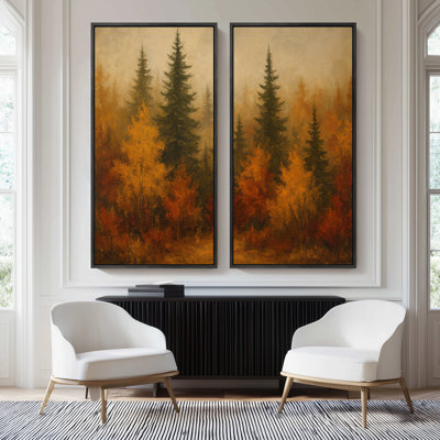 Autumn Fall Forest Deep Woods Landscape for Dining Room - Set of 2 Framed Wall Art Print on Canvas 60"x30"x2pcs