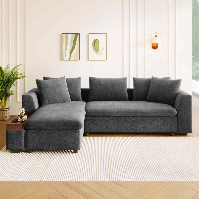 Canapé modulaire en L 93,7 po revêtu de chenille avec compartiment de rangement en bois, Gris chenille