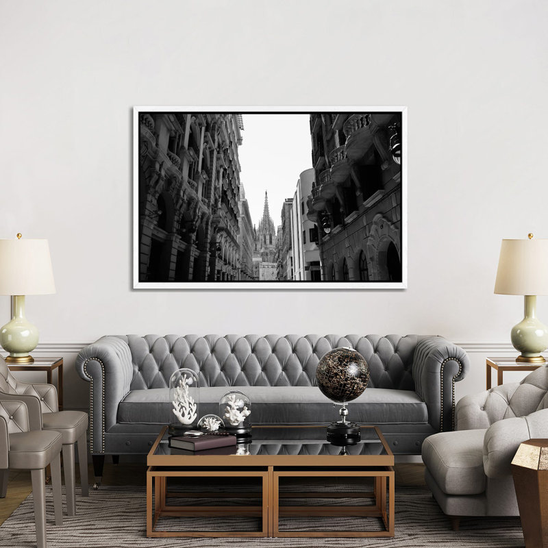 Cathedral of Barcelona 1 Piece Wall Art on Canvas, 101.6cm H x 152.4cm W x 3.81cm D, White Framed