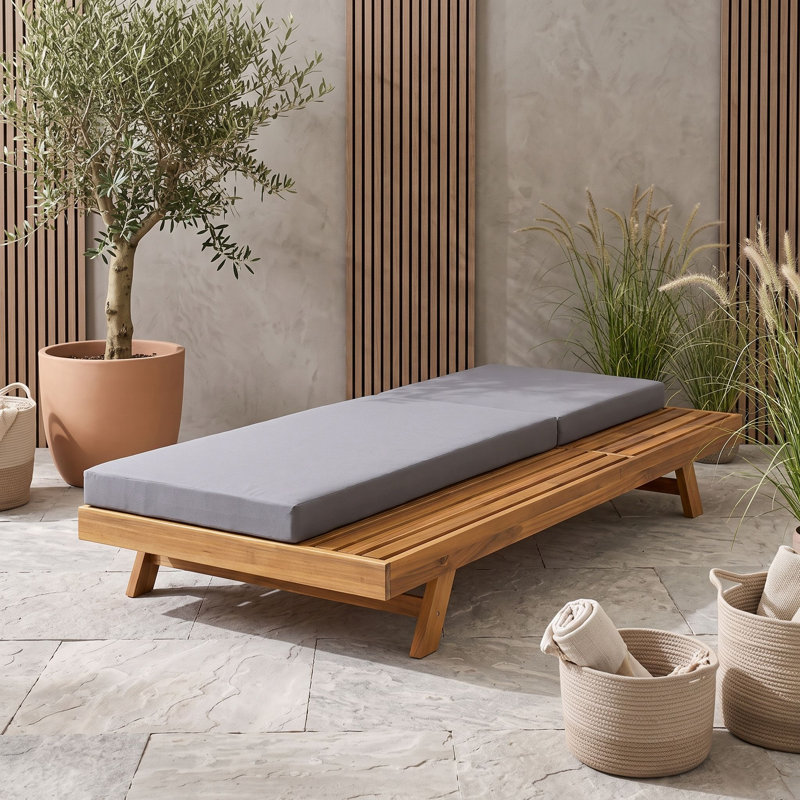 Chaise longue d'extérieur en bois avec coussin, Teck gris foncé