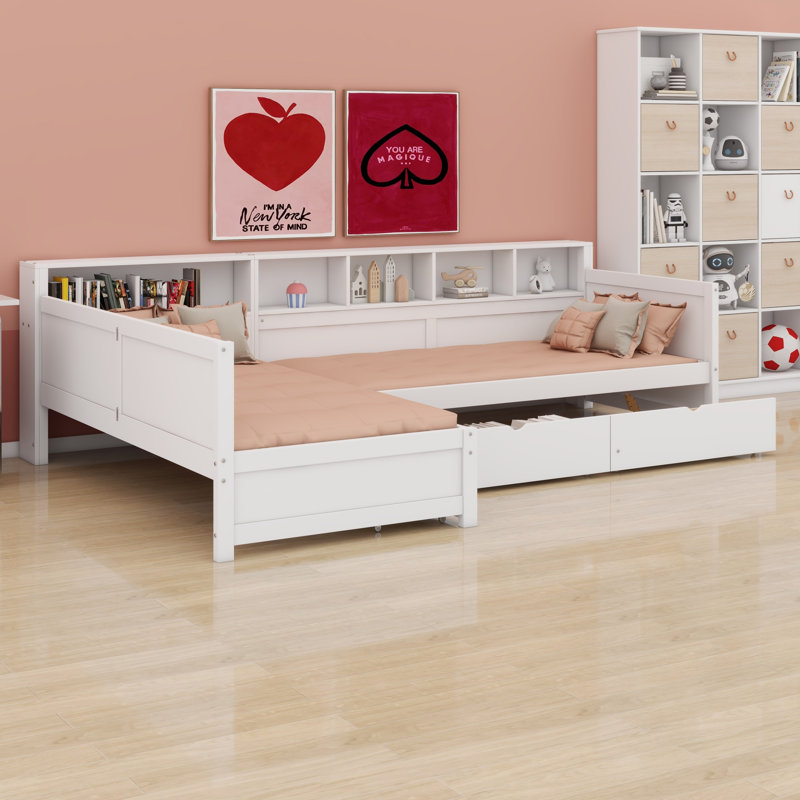 L-Shaped Corner Platform Bed for Two, Wooden Daybed Frame with Storage Drawers & Shelves, White