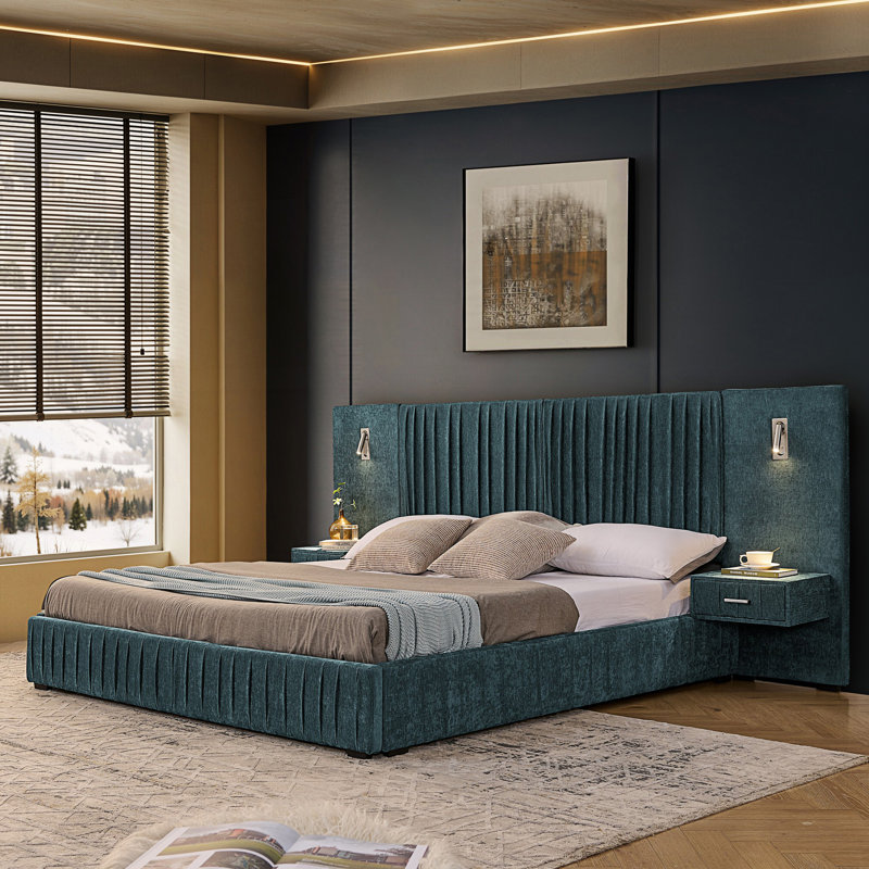 Très grande base de lit tapissier très grand avec motif plissé, table de chevet intégrée et lampe réglable, Bleu / Vert