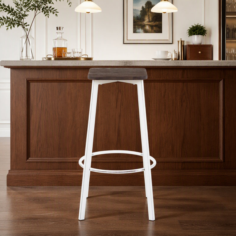 Tabouret de bar carré en métal blanc rétro et bambou grain de bois pressé espresso - ensemble de 2