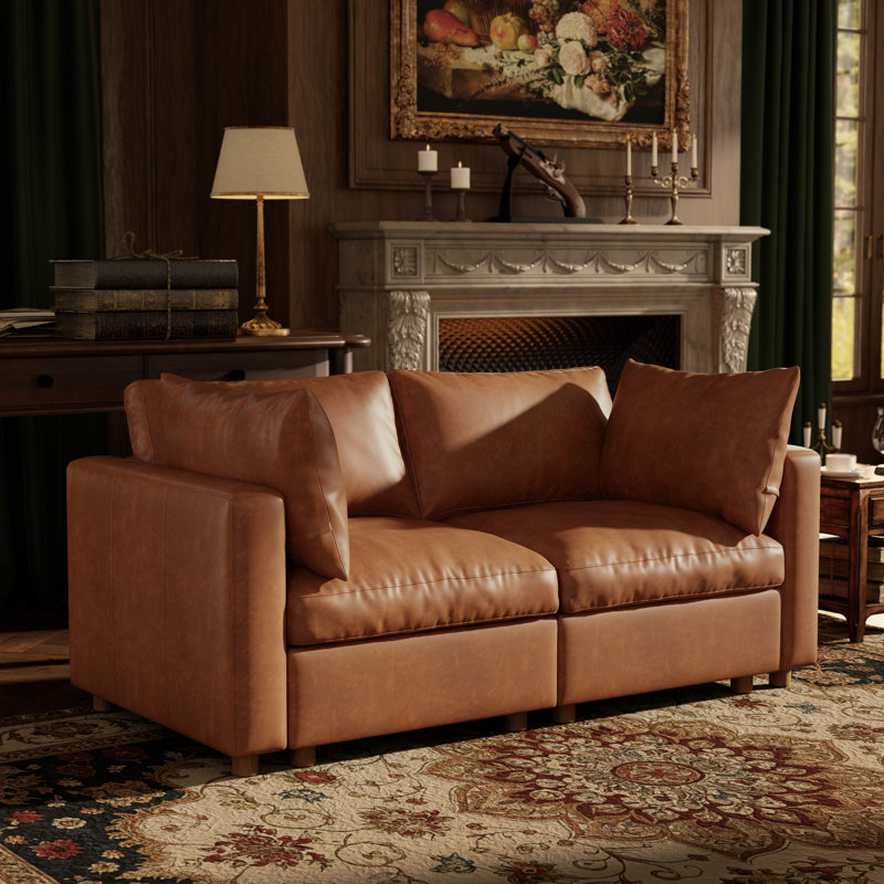 70" Leather Upholstered Sectional Sofa with Hidden Storage, CAMEL, 2Seaters