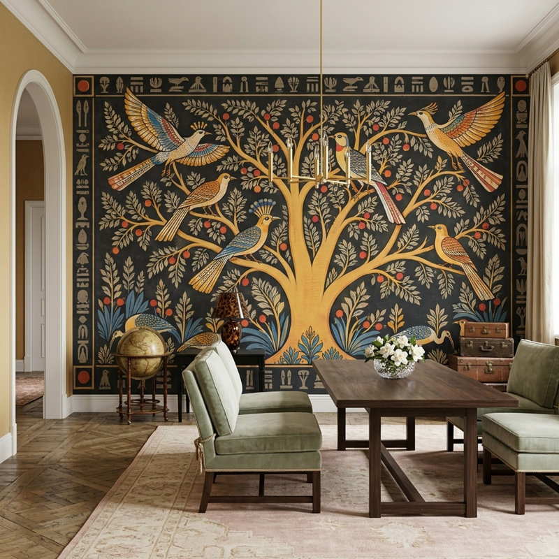 Art mural égyptien représentant l'arbre de vie, les oiseaux sacrés et les hiéroglyphes anciens, 100"x96", Peel and Stick