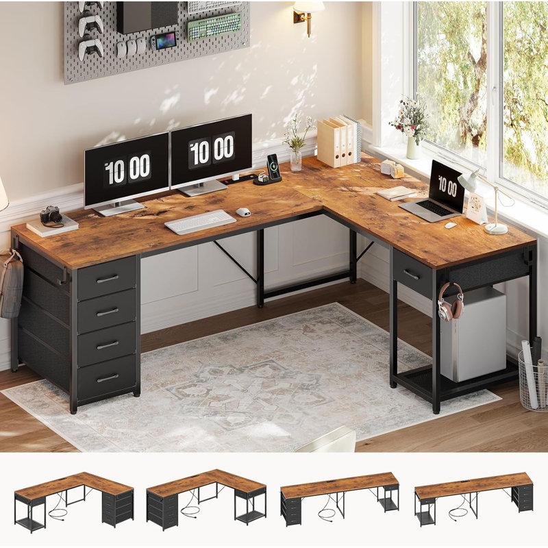 Bureau d'ordinateur en L 57 po avec 5 tiroirs et lumières DEL, Brun / Noir