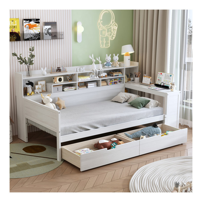 Lit de jour en bois avec tablettes de rangement, lit multifonctionnel avec deux tiroirs de rangement et bureau d'étude, 