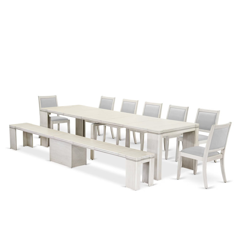 L'ensemble de table de cuisine 9 pièces comprend une table de salle à manger rectangulaire extensible, 7 chaises empilables en tissu de polyester et 1 banc moderne, blanc antique