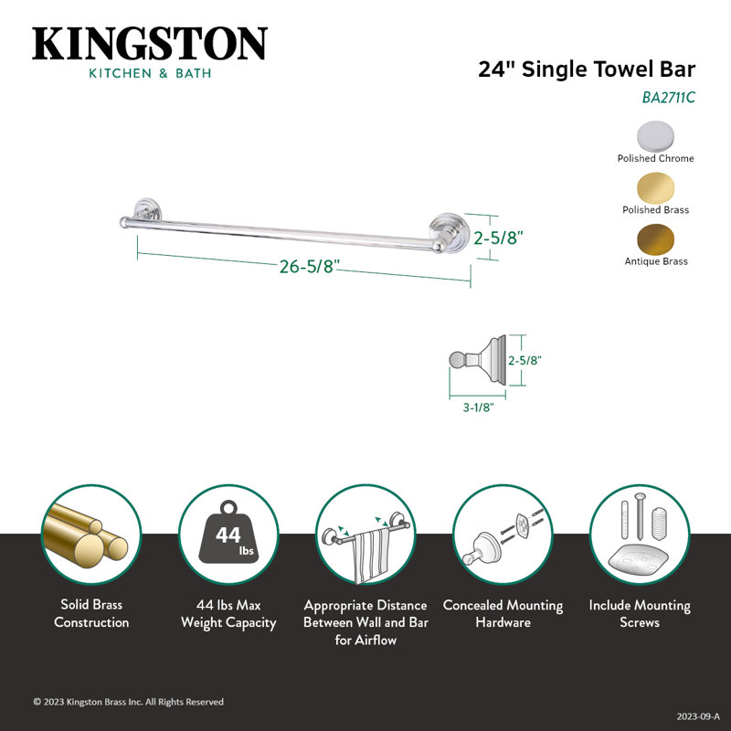 Barre à serviettes 24 po Kingston Brass Milano, Chrome poli