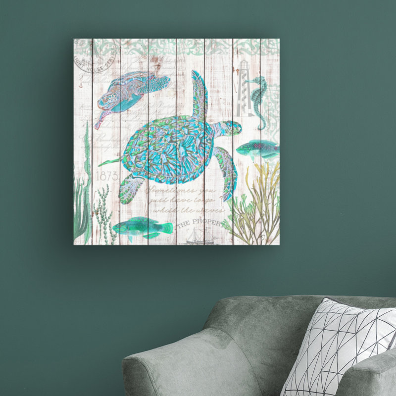 «Sea Turtles on Driftwood» par Cora Niele - peinture sur toile tendue, H 18 po x l 18 po x p 2 po