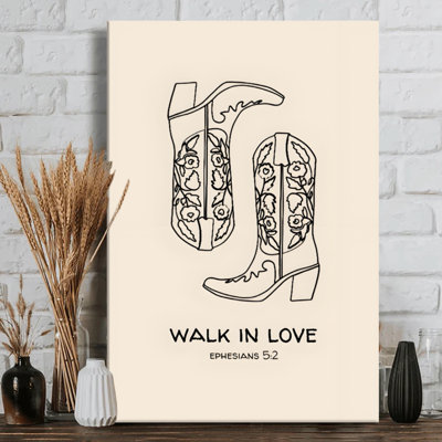 «Cowboy bottes with floral motifs», art mural sur toile - Texte «Walk in Love» - 1 po de profondeur - 24 po x 36 po