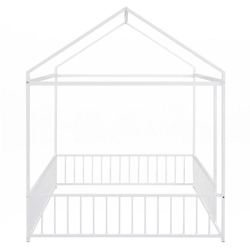 Structure de lit en métal avec clôture, Blanc, Complète