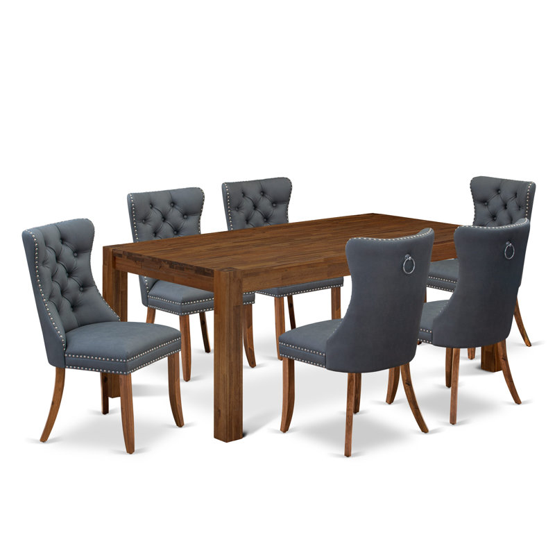 7 Piece Dining Room Set Contains a Rectangle Rustic Wood Table and 6 Chairs, Sandblasting Antique Walnut