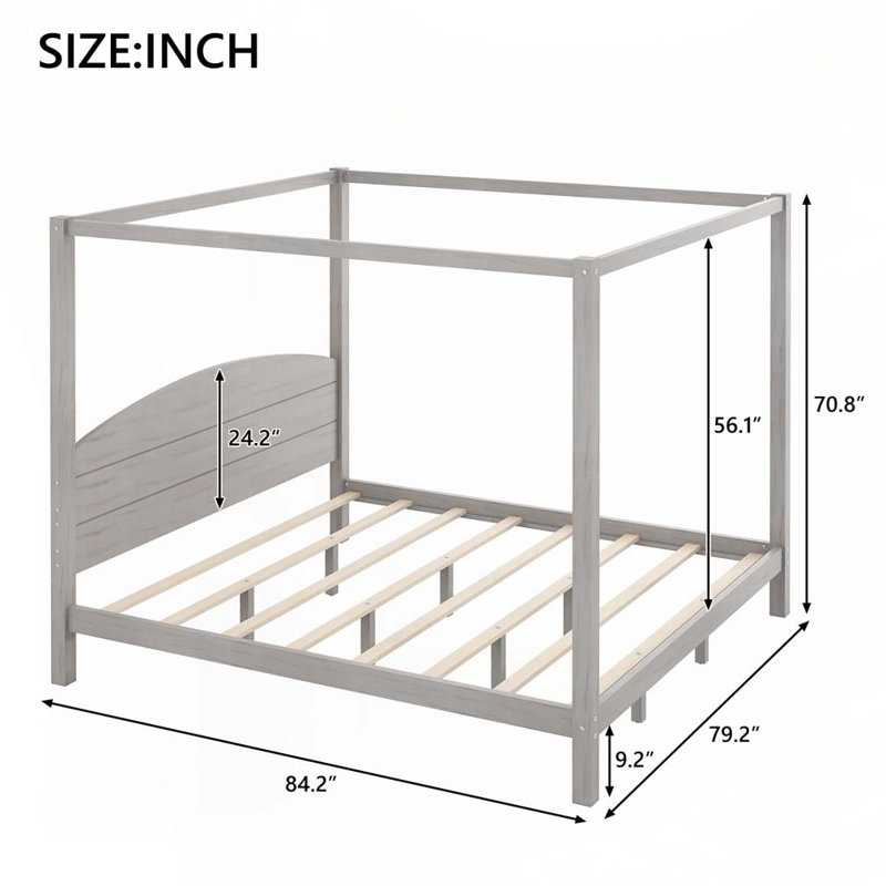 Lit plateforme à baldaquin en bois avec pieds de support, Gris délavé