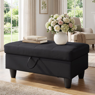 Rectangular Storage Ottoman Bench With Hinged Lid, Faux Leather Footrest For Living Room, Bedroom, Entryway, Black, 35"X23.5"X17.5"