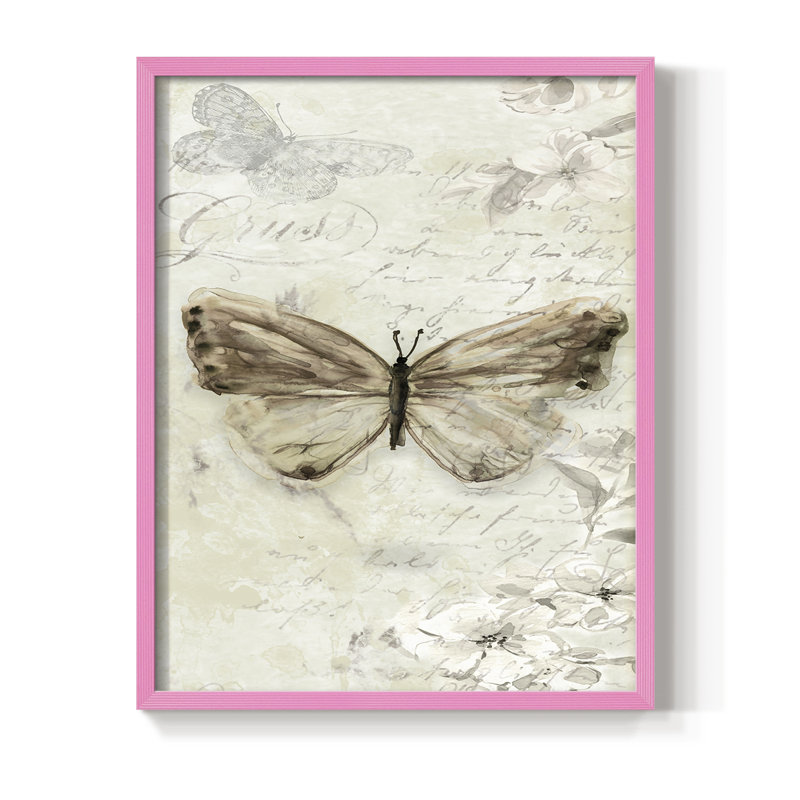 La Chanson du Papillon I Framed Print - Solid Wood, Pink, 15" H x 12" W