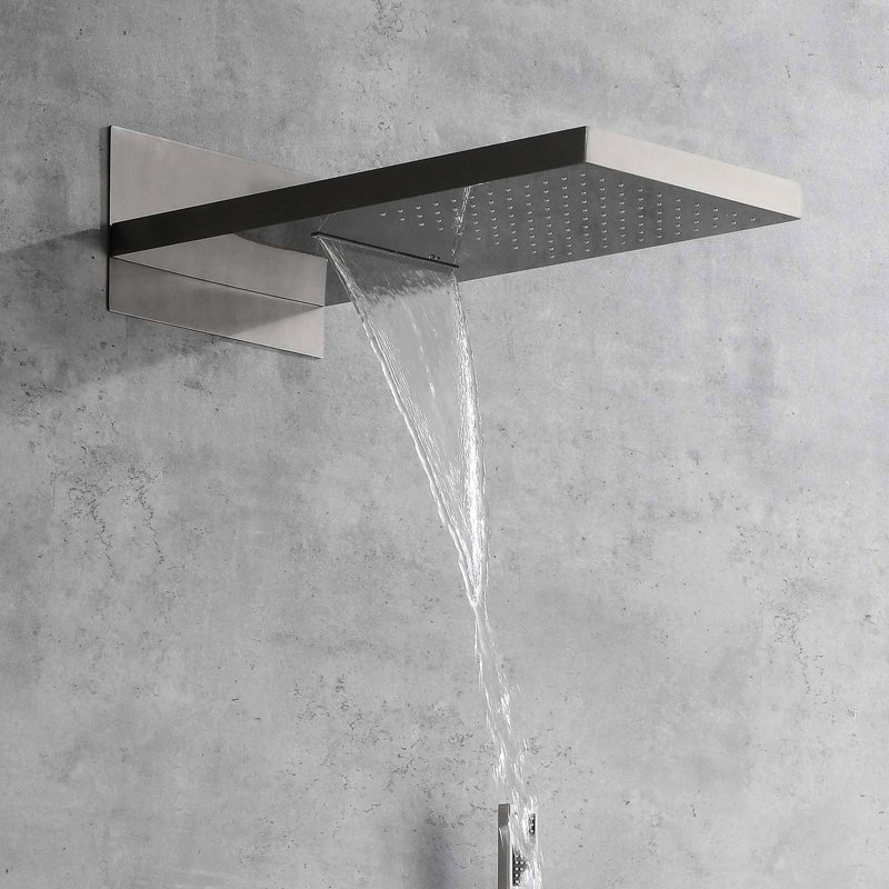 Tête de douche à fixation murale en nickel brossé avec double chute d'eau et gouttes de pluie