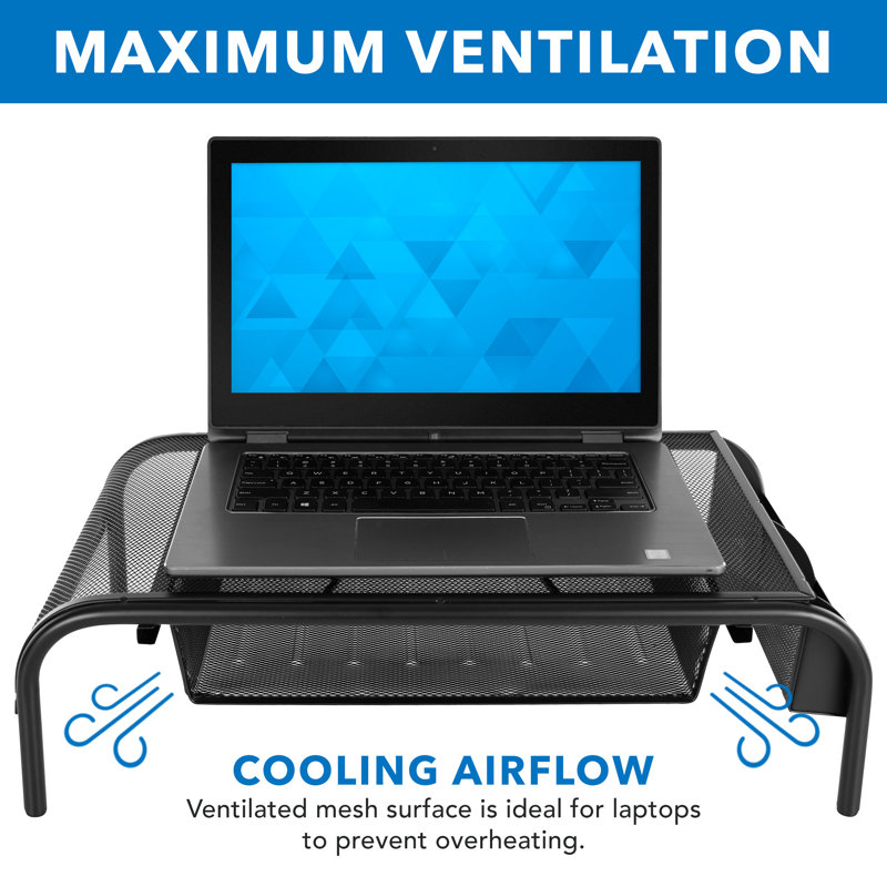 Black Metal Mesh Monitor Stand with Pullout Drawer