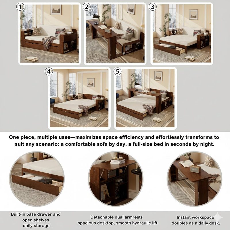 Grand lit de jour avec bureau amovible, tiroirs de rangement et table d'appoint hydraulique, espresso