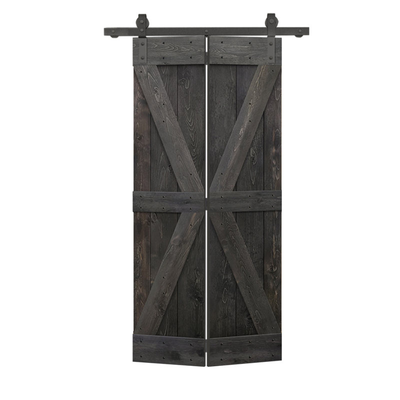 Porte de grange pliante en bois de pin avec quincaillerie coulissante, Noir anthracite, 24 po x 84 po