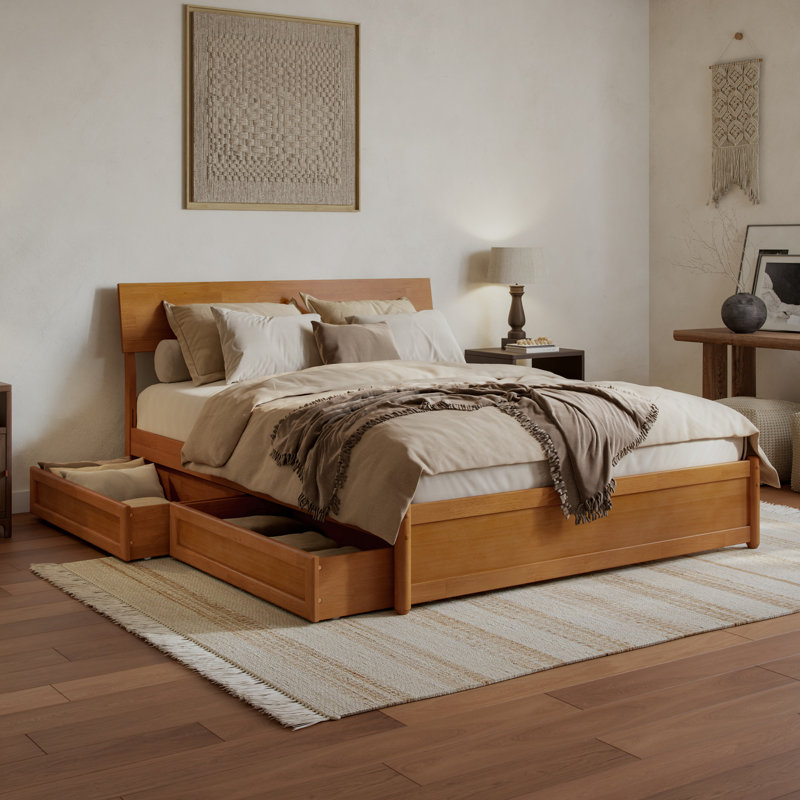 Norla Twin XL Wood Platform Bed with Footboard and Storage Drawers, White, Queen, Light Toffee
