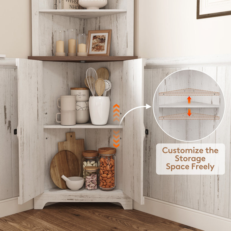 Rustic White Tall Corner Cabinet with Adjustable Shelves