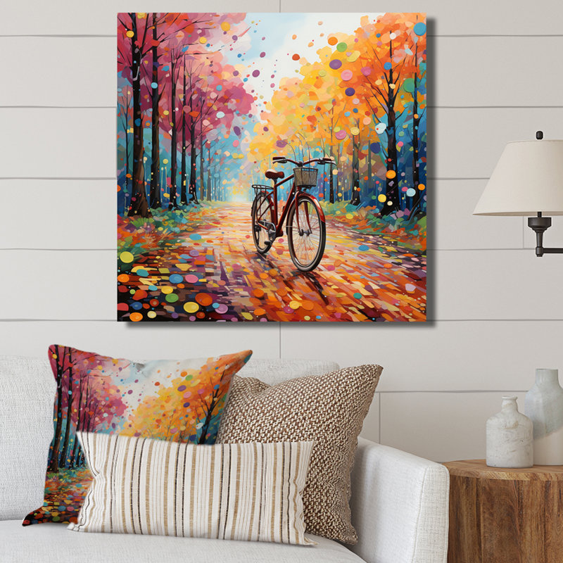 Vélo joyeux chevauchant le pointillisme II, Toile tendue, H 16 po x l 16 po